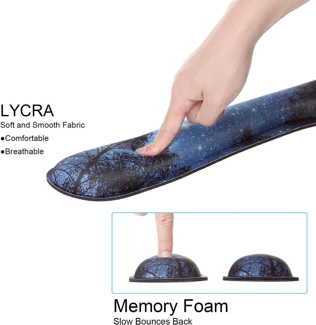3 in 1 Ergonomic Mouse Pad with Wrist Support and Keyboard Wrist Rest Pad Set with Coaster,  Wrist Pad with Non-Slip Rubber Base and Raised Memory Foam, Easy Typing & Pain Relief, Forest Starry