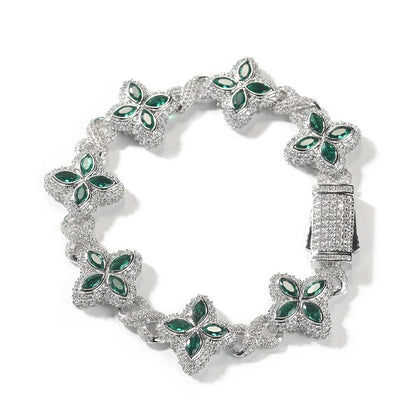 Hip-Hop Rap Chain Infinite Four-Leaf Clover Bracelet Fashionable Trendy Cool Handsome High-End 5A Zircon Colorful Necklace Jewelry