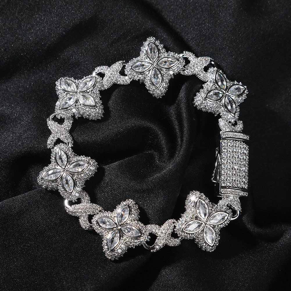 Hip-Hop Rap Chain Infinite Four-Leaf Clover Bracelet Fashionable Trendy Cool Handsome High-End 5A Zircon Colorful Necklace Jewelry