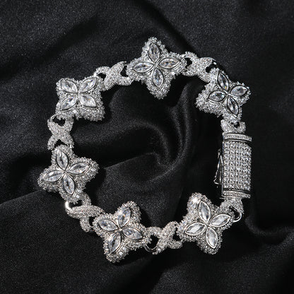Hip-Hop Rap Chain Infinite Four-Leaf Clover Bracelet Fashionable Trendy Cool Handsome High-End 5A Zircon Colorful Necklace Jewelry
