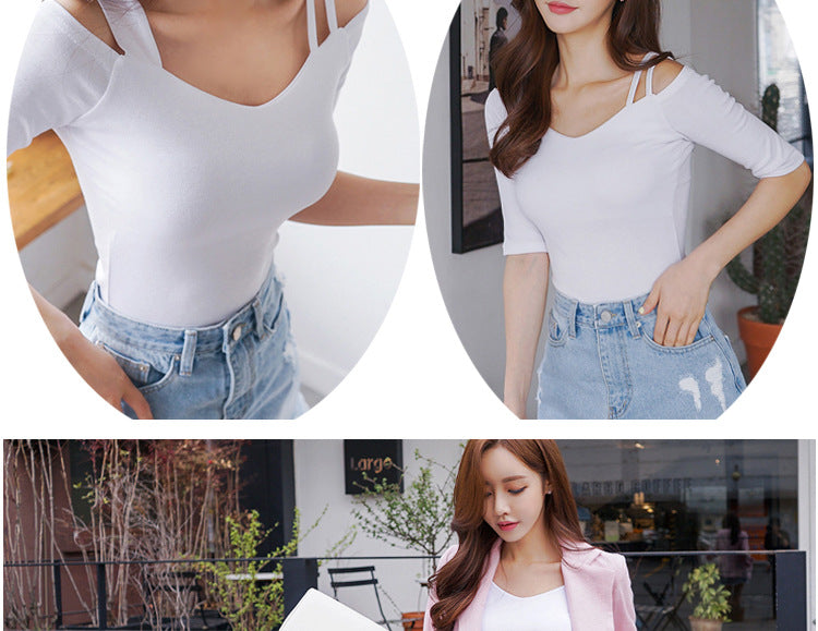 Black Off-Shoulder Short-Sleeve T-Shirt for Women, 2026 Summer New Design, Pure Desire V-Neck Slim-Fit Niche Top
