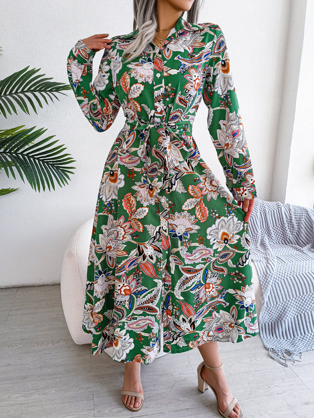 2026 Spring/Summer European and American Retro Floral Lapel Tie Shirt Dress Long Dress Amazon Cross-Border Women's Clothing
