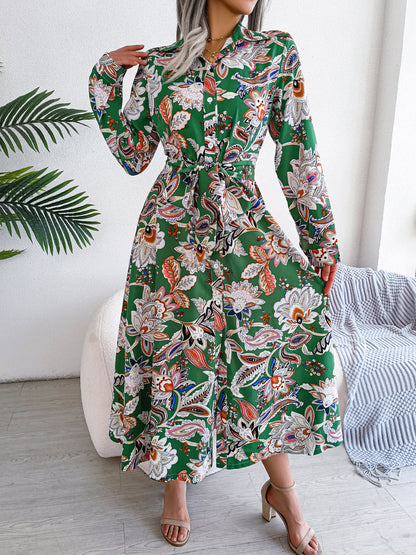 2026 Spring/Summer European and American Retro Floral Lapel Tie Shirt Dress Long Dress Amazon Cross-Border Women's Clothing