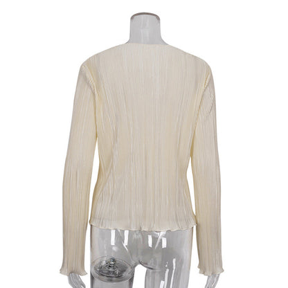 European and American Ins Style 2024 New Summer Sexy Hot Girl Top Slim-fit Horn Long-sleeved Pleated Shirt Women's French Style