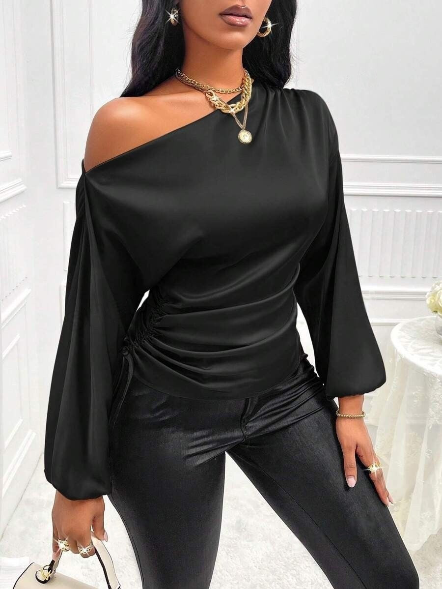 Amazon Cross-Border European and American New Women's Satin Shirt Spring and Summer Asymmetrical Long-Sleeved Slope Collar Shirt Top