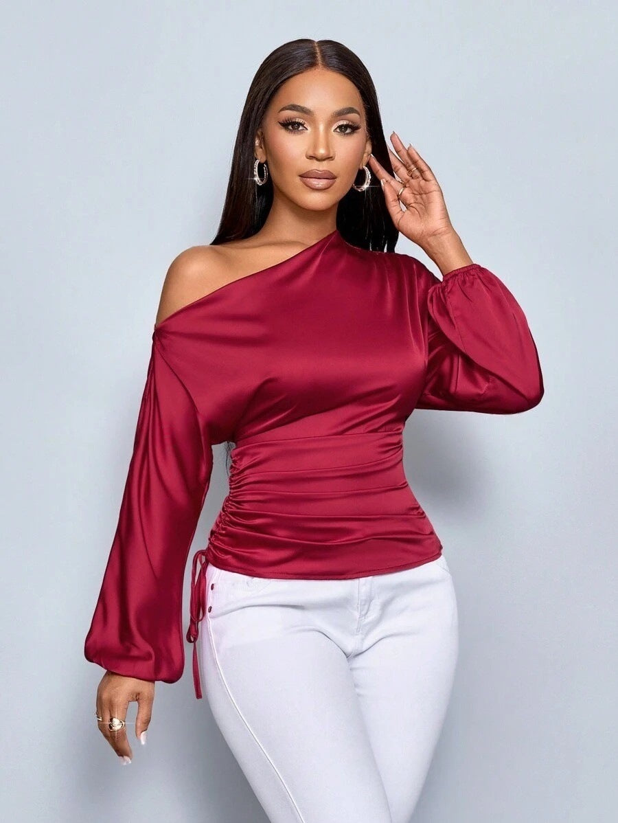 Amazon Cross-Border European and American New Women's Satin Shirt Spring and Summer Asymmetrical Long-Sleeved Slope Collar Shirt Top