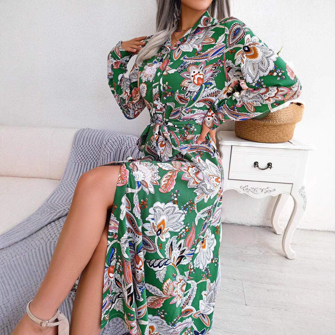 2026 Spring/Summer European and American Retro Floral Lapel Tie Shirt Dress Long Dress Amazon Cross-Border Women's Clothing
