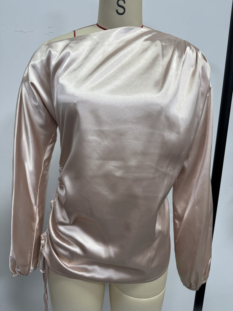 Amazon Cross-Border European and American New Women's Satin Shirt Spring and Summer Asymmetrical Long-Sleeved Slope Collar Shirt Top