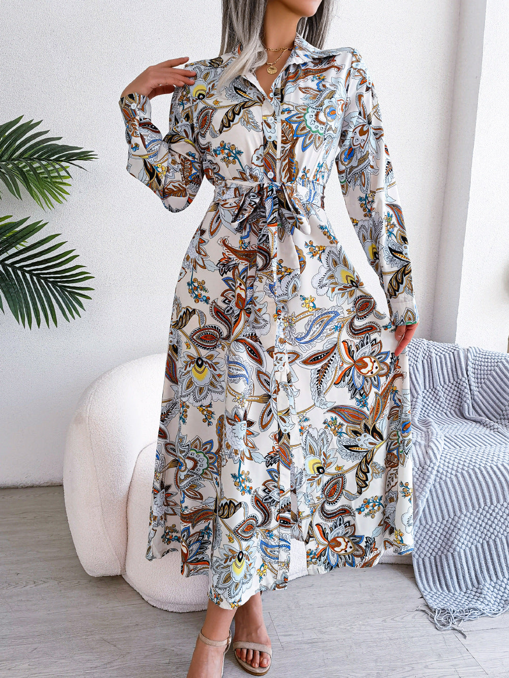 2026 Spring/Summer European and American Retro Floral Lapel Tie Shirt Dress Long Dress Amazon Cross-Border Women's Clothing