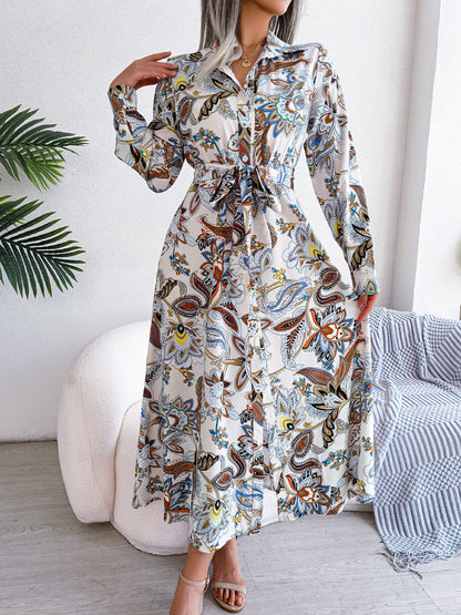 2026 Spring/Summer European and American Retro Floral Lapel Tie Shirt Dress Long Dress Amazon Cross-Border Women's Clothing