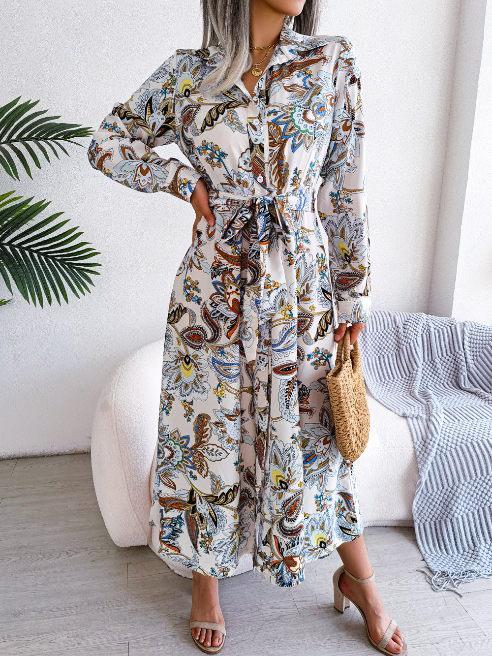 2026 Spring/Summer European and American Retro Floral Lapel Tie Shirt Dress Long Dress Amazon Cross-Border Women's Clothing