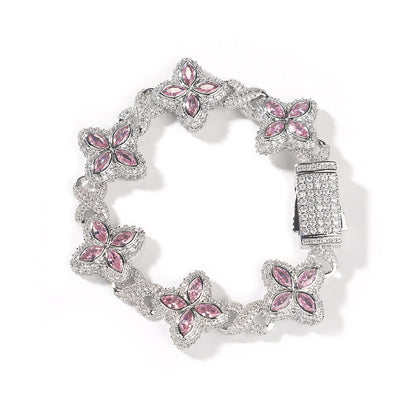 Hip-Hop Rap Chain Infinite Four-Leaf Clover Bracelet Fashionable Trendy Cool Handsome High-End 5A Zircon Colorful Necklace Jewelry