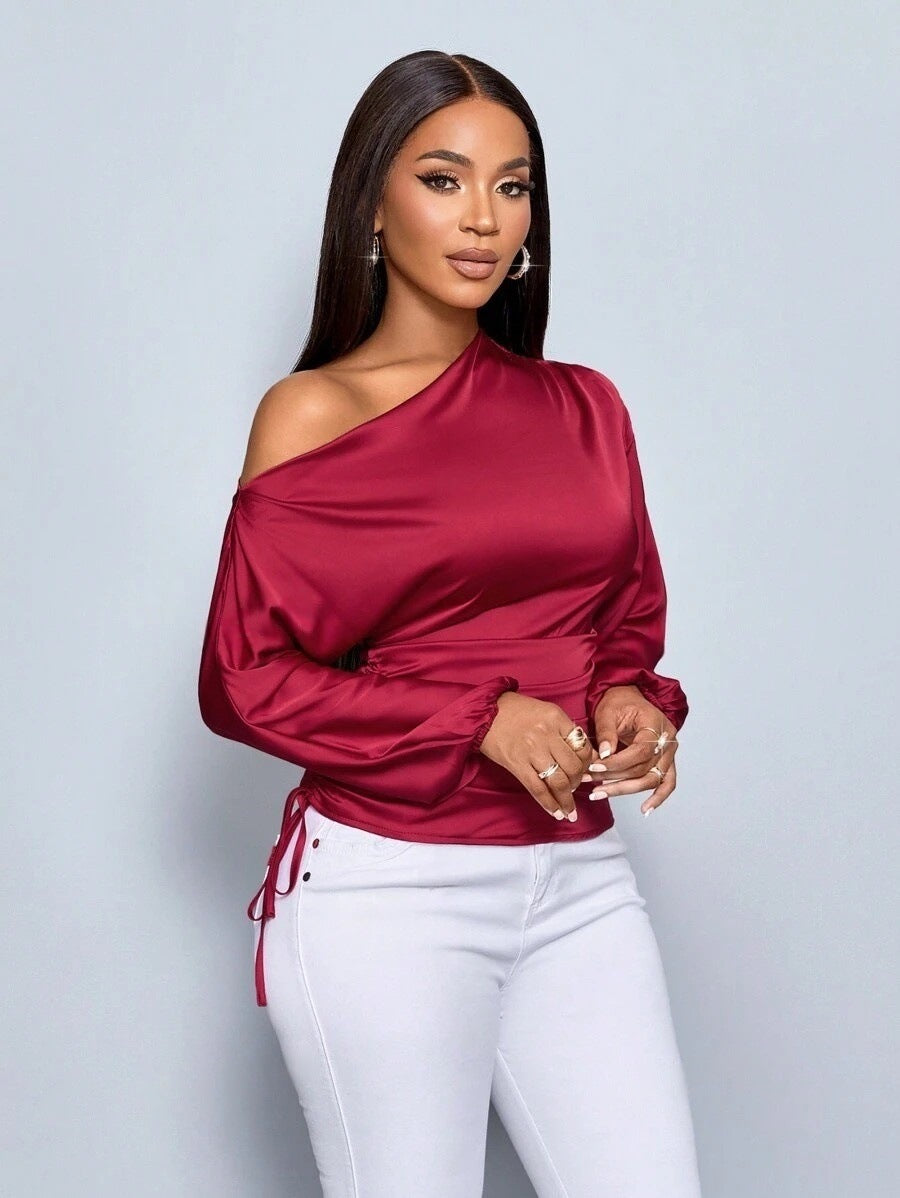 Amazon Cross-Border European and American New Women's Satin Shirt Spring and Summer Asymmetrical Long-Sleeved Slope Collar Shirt Top