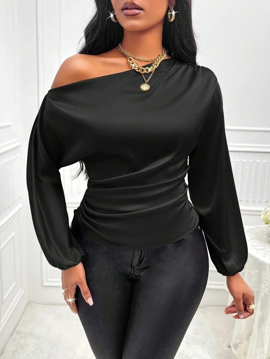 Amazon Cross-Border European and American New Women's Satin Shirt Spring and Summer Asymmetrical Long-Sleeved Slope Collar Shirt Top