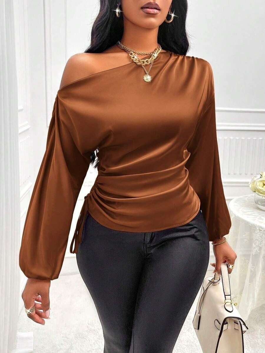 Amazon Cross-Border European and American New Women's Satin Shirt Spring and Summer Asymmetrical Long-Sleeved Slope Collar Shirt Top