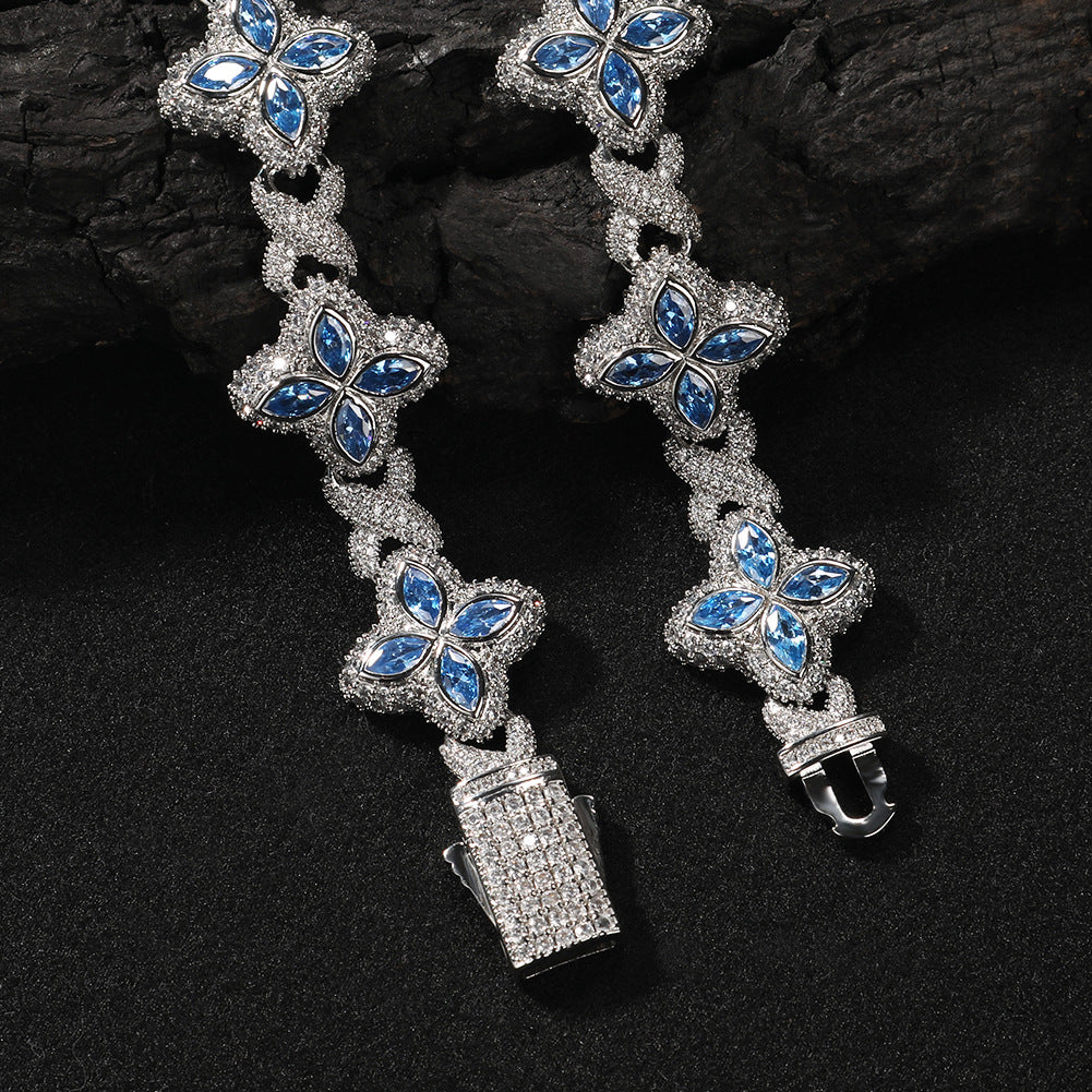 Hip-Hop Rap Chain Infinite Four-Leaf Clover Bracelet Fashionable Trendy Cool Handsome High-End 5A Zircon Colorful Necklace Jewelry