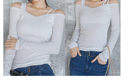 Black Off-Shoulder Short-Sleeve T-Shirt for Women, 2026 Summer New Design, Pure Desire V-Neck Slim-Fit Niche Top