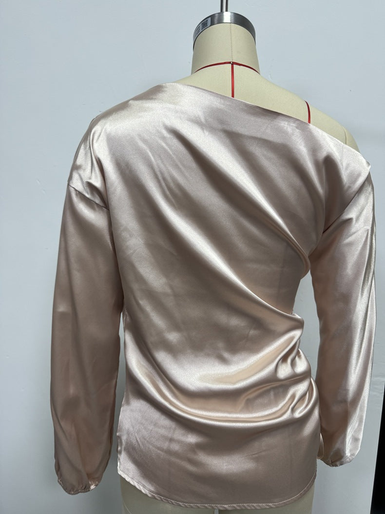 Amazon Cross-Border European and American New Women's Satin Shirt Spring and Summer Asymmetrical Long-Sleeved Slope Collar Shirt Top