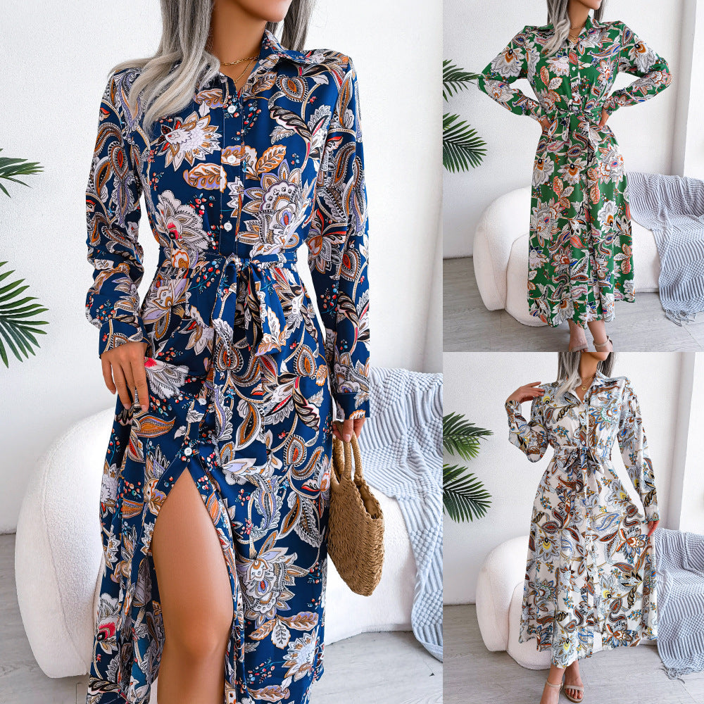 2026 Spring/Summer European and American Retro Floral Lapel Tie Shirt Dress Long Dress Amazon Cross-Border Women's Clothing