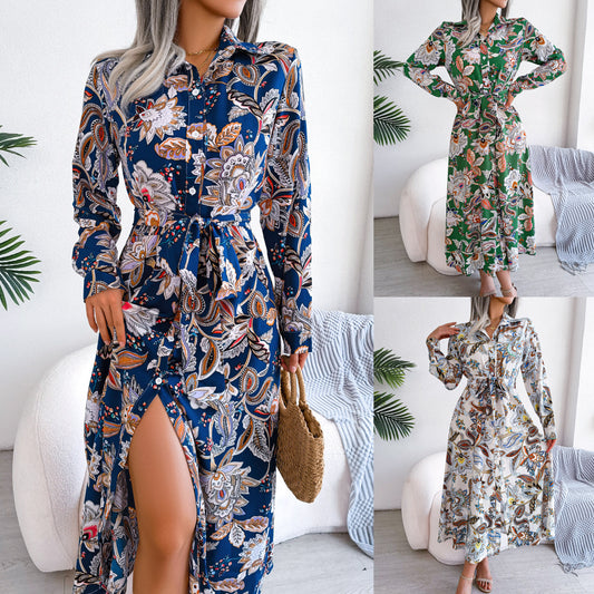 2026 Spring/Summer European and American Retro Floral Lapel Tie Shirt Dress Long Dress Amazon Cross-Border Women's Clothing