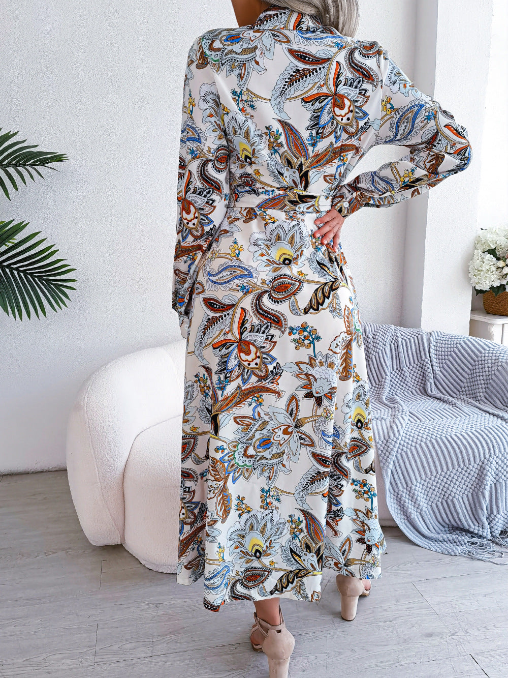 2026 Spring/Summer European and American Retro Floral Lapel Tie Shirt Dress Long Dress Amazon Cross-Border Women's Clothing
