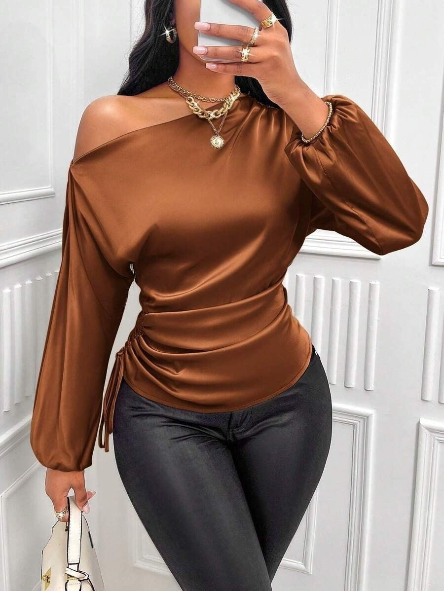Amazon Cross-Border European and American New Women's Satin Shirt Spring and Summer Asymmetrical Long-Sleeved Slope Collar Shirt Top