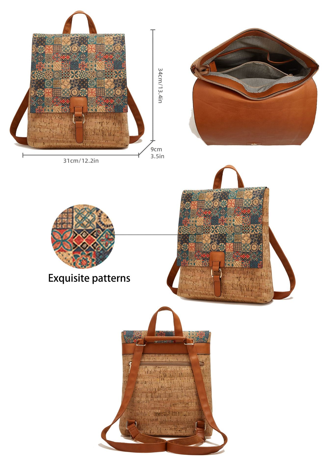 Cross-Border New Model 2026 Fashion Retro Printed Bark Cork Flip-Top Backpack Women's Large Capacity Backpack
