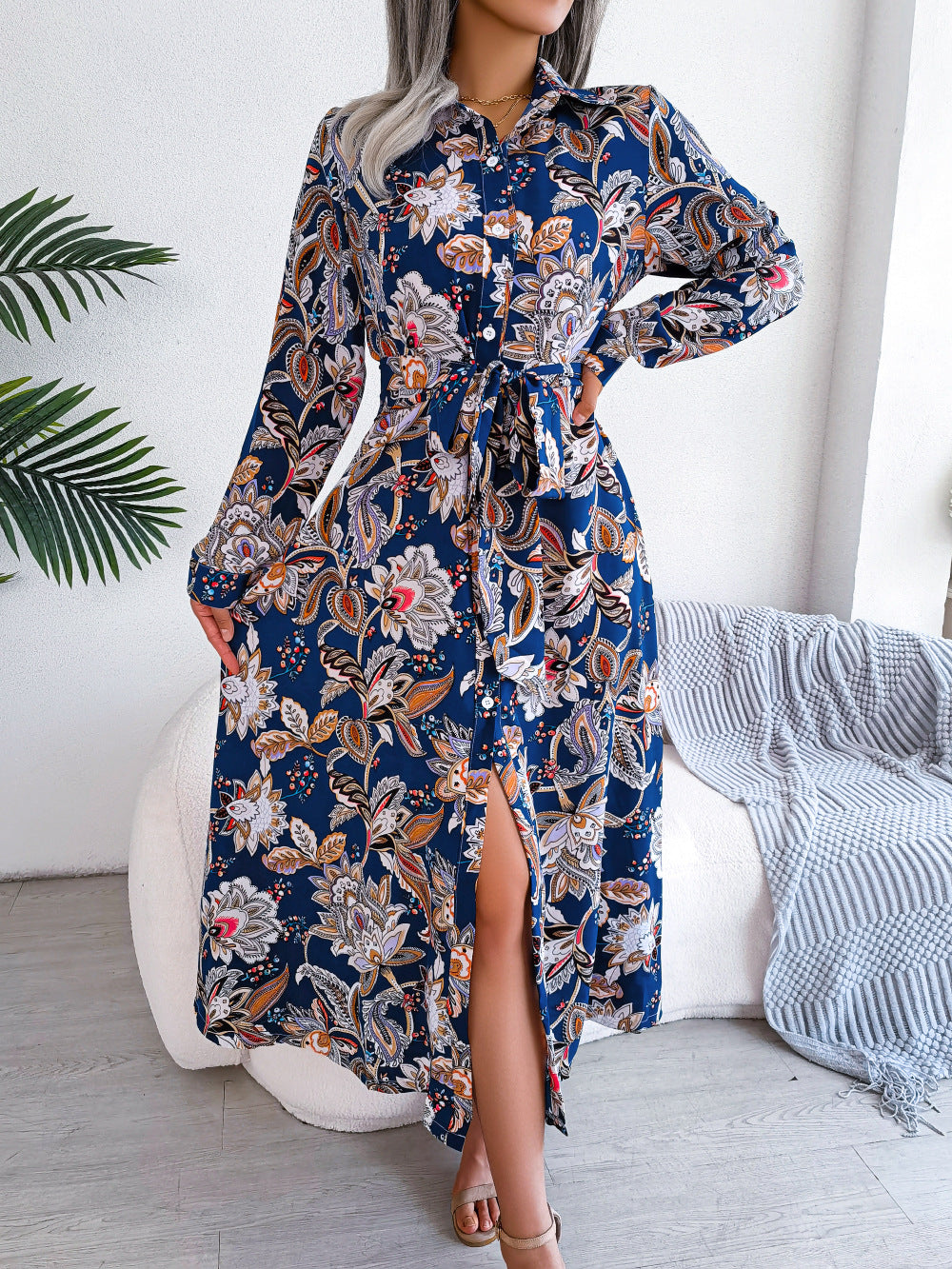 2026 Spring/Summer European and American Retro Floral Lapel Tie Shirt Dress Long Dress Amazon Cross-Border Women's Clothing