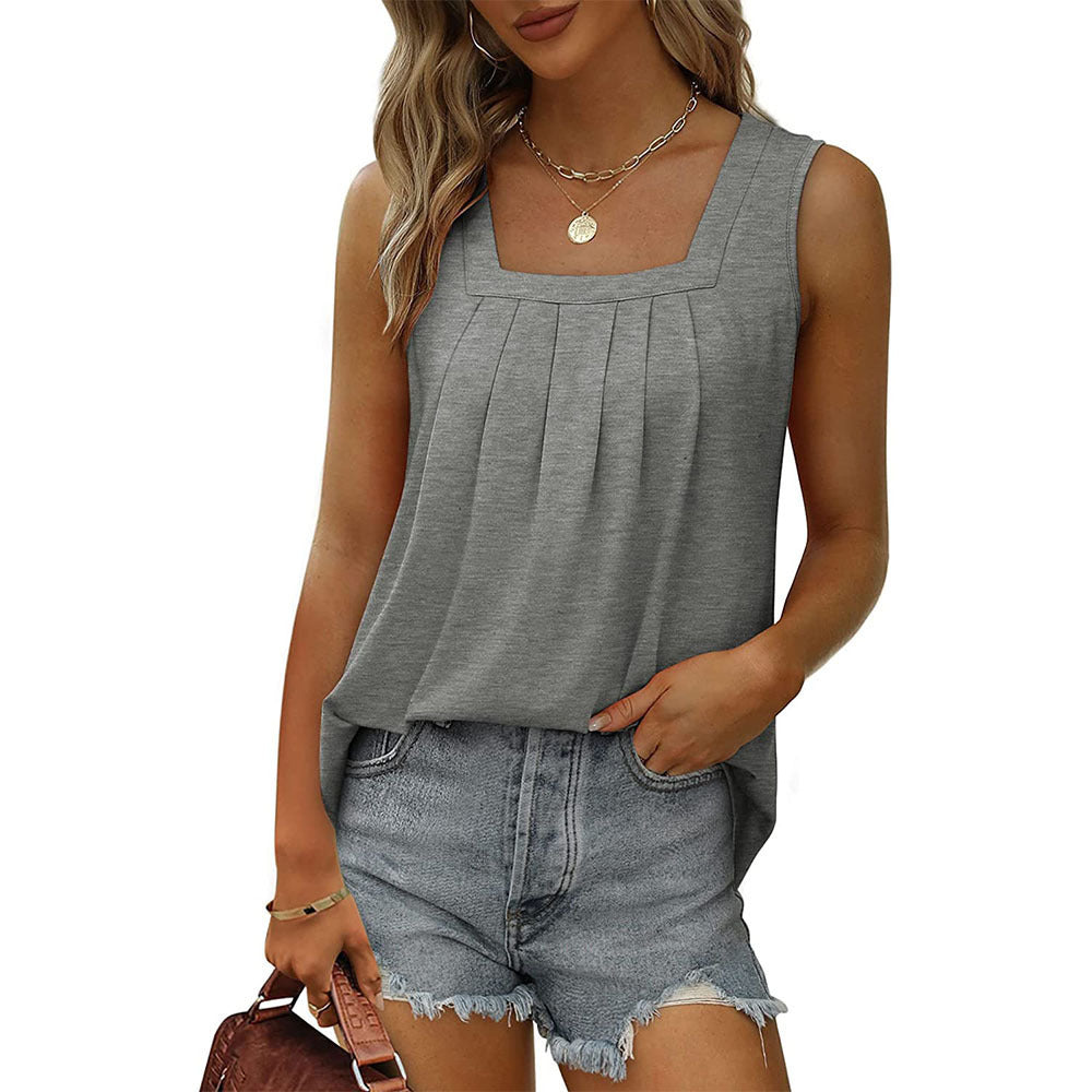 2024 Export Popular Sleeveless Square Collar Vest T-Shirt for Women Pure Color Pleated Swallowtail Suspender Fashionable Inner Top