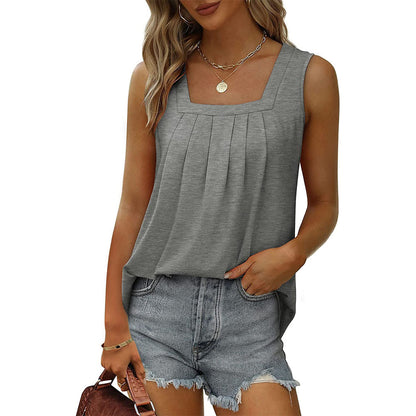 2024 Export Popular Sleeveless Square Collar Vest T-Shirt for Women Pure Color Pleated Swallowtail Suspender Fashionable Inner Top