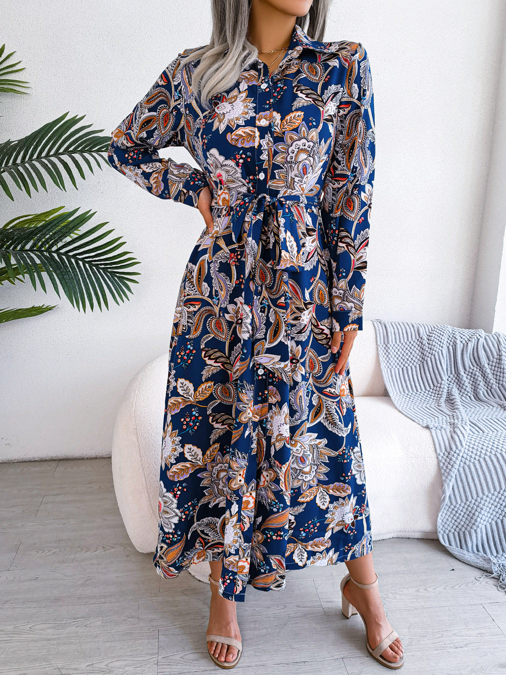 2026 Spring/Summer European and American Retro Floral Lapel Tie Shirt Dress Long Dress Amazon Cross-Border Women's Clothing