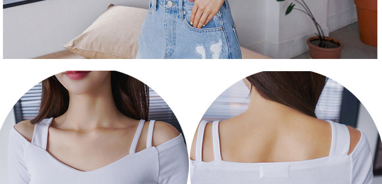 Black Off-Shoulder Short-Sleeve T-Shirt for Women, 2026 Summer New Design, Pure Desire V-Neck Slim-Fit Niche Top