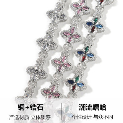 Hip-Hop Rap Chain Infinite Four-Leaf Clover Bracelet Fashionable Trendy Cool Handsome High-End 5A Zircon Colorful Necklace Jewelry