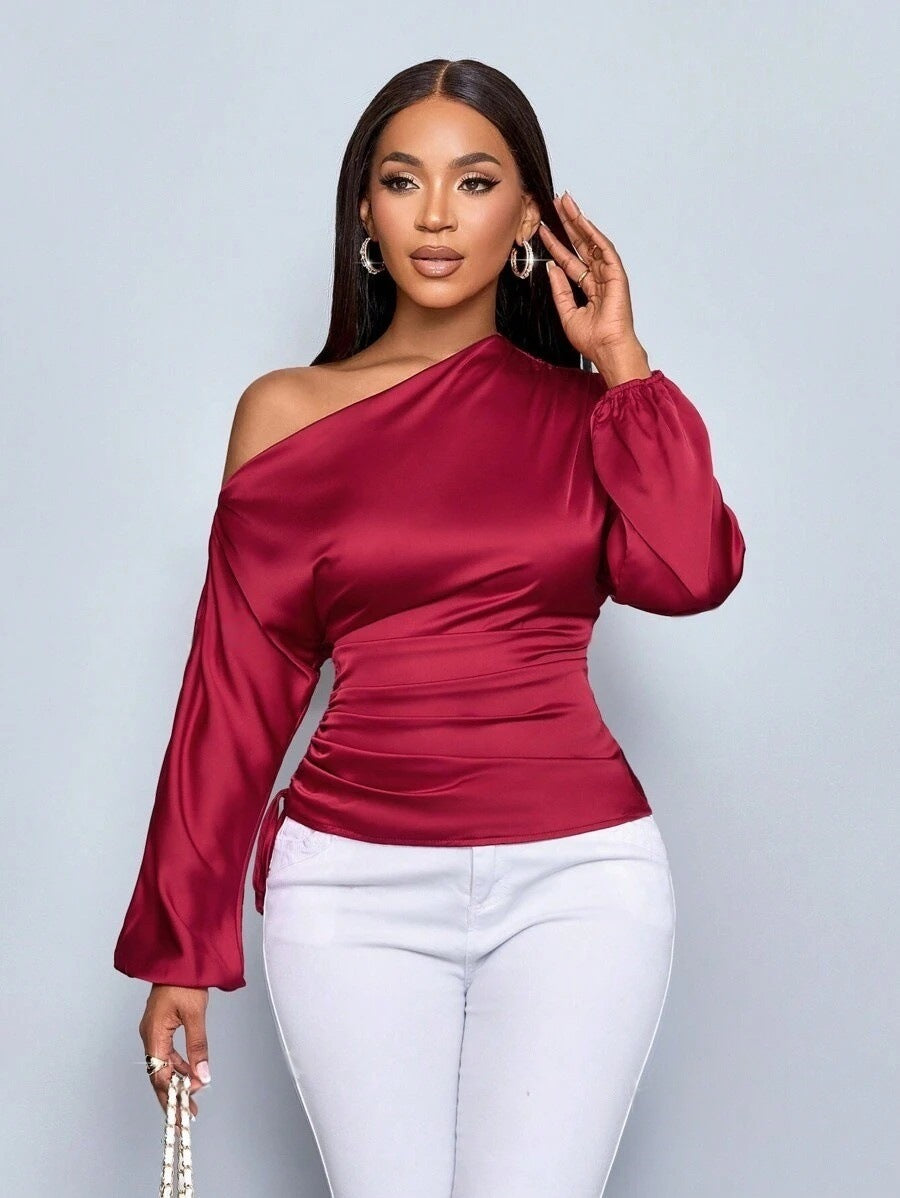 Amazon Cross-Border European and American New Women's Satin Shirt Spring and Summer Asymmetrical Long-Sleeved Slope Collar Shirt Top