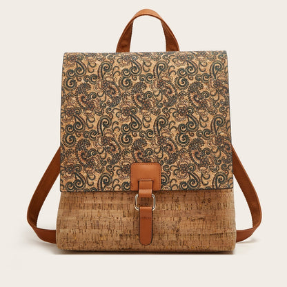 Cross-Border New Model 2026 Fashion Retro Printed Bark Cork Flip-Top Backpack Women's Large Capacity Backpack
