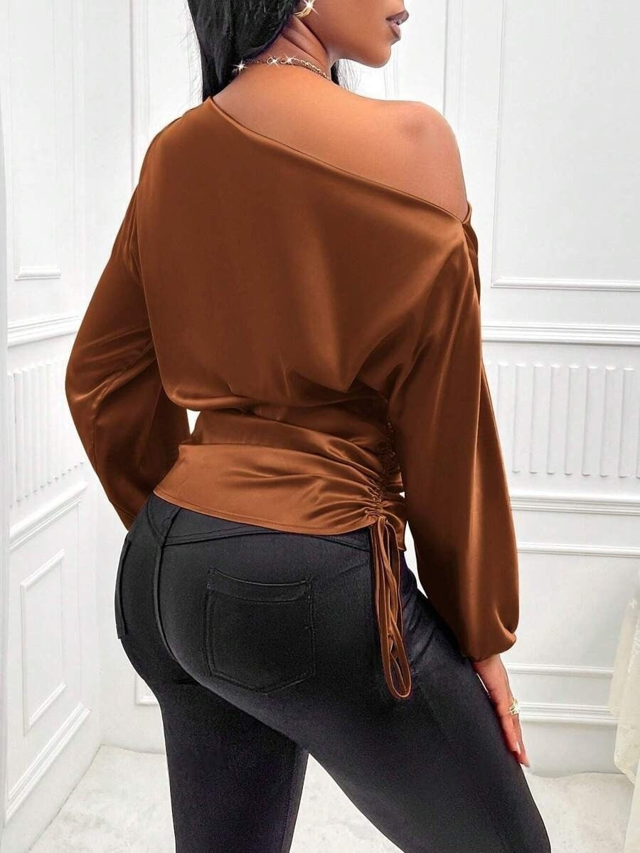 Amazon Cross-Border European and American New Women's Satin Shirt Spring and Summer Asymmetrical Long-Sleeved Slope Collar Shirt Top