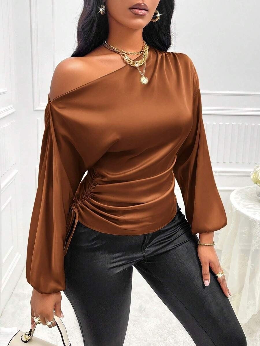 Amazon Cross-Border European and American New Women's Satin Shirt Spring and Summer Asymmetrical Long-Sleeved Slope Collar Shirt Top