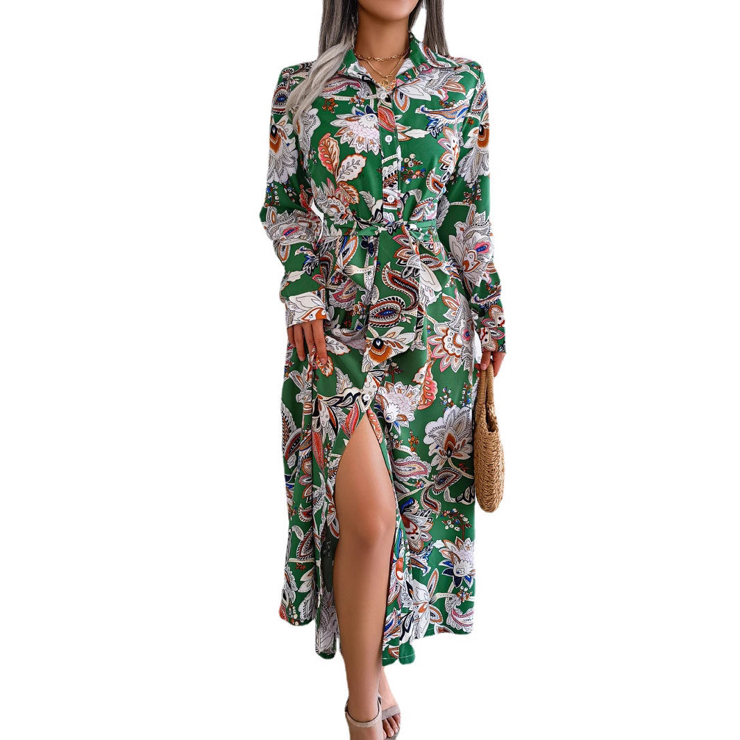 2026 Spring/Summer European and American Retro Floral Lapel Tie Shirt Dress Long Dress Amazon Cross-Border Women's Clothing