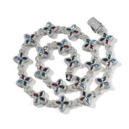 Hip-Hop Rap Chain Infinite Four-Leaf Clover Bracelet Fashionable Trendy Cool Handsome High-End 5A Zircon Colorful Necklace Jewelry