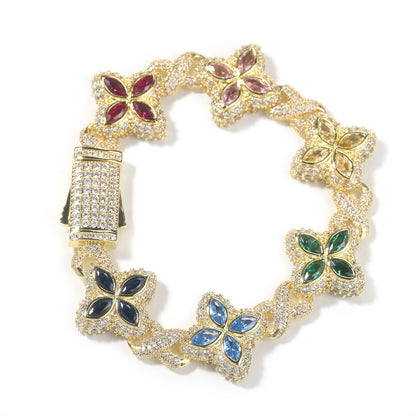 Hip-Hop Rap Chain Infinite Four-Leaf Clover Bracelet Fashionable Trendy Cool Handsome High-End 5A Zircon Colorful Necklace Jewelry