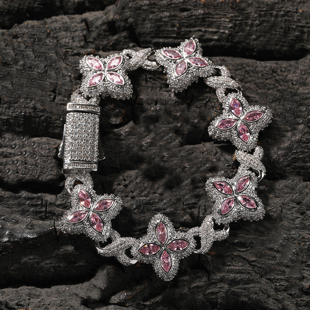 Hip-Hop Rap Chain Infinite Four-Leaf Clover Bracelet Fashionable Trendy Cool Handsome High-End 5A Zircon Colorful Necklace Jewelry