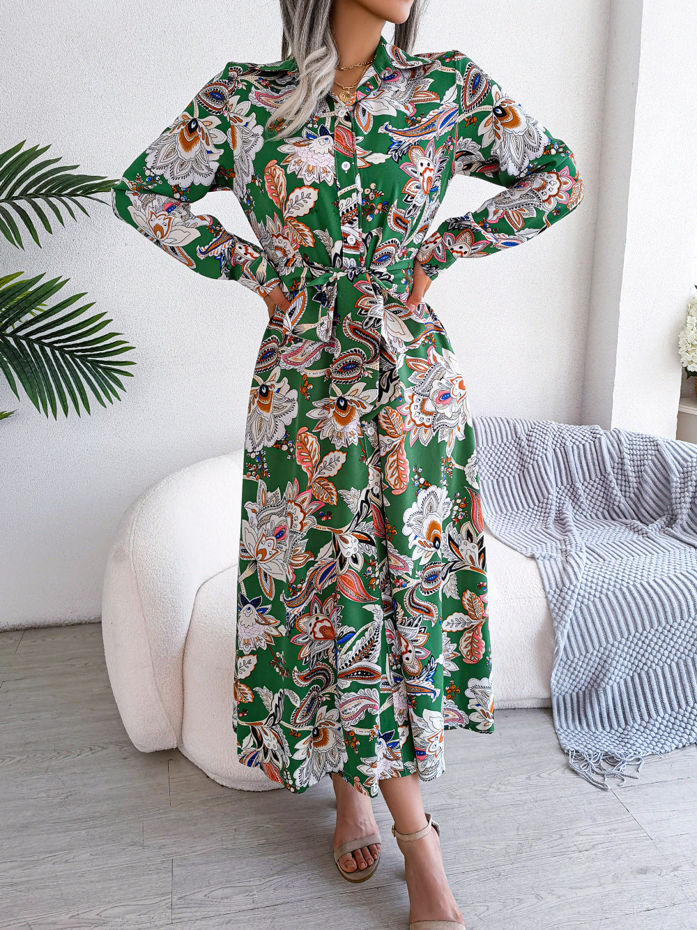 2026 Spring/Summer European and American Retro Floral Lapel Tie Shirt Dress Long Dress Amazon Cross-Border Women's Clothing