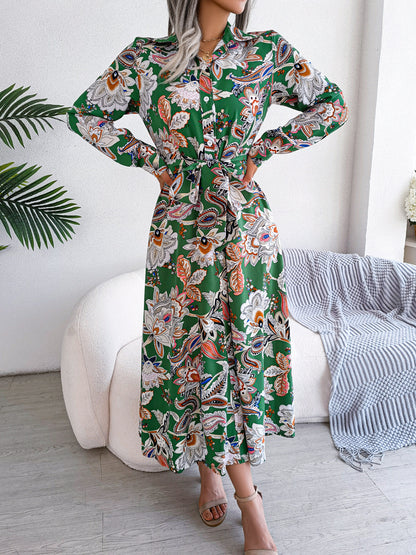 2026 Spring/Summer European and American Retro Floral Lapel Tie Shirt Dress Long Dress Amazon Cross-Border Women's Clothing