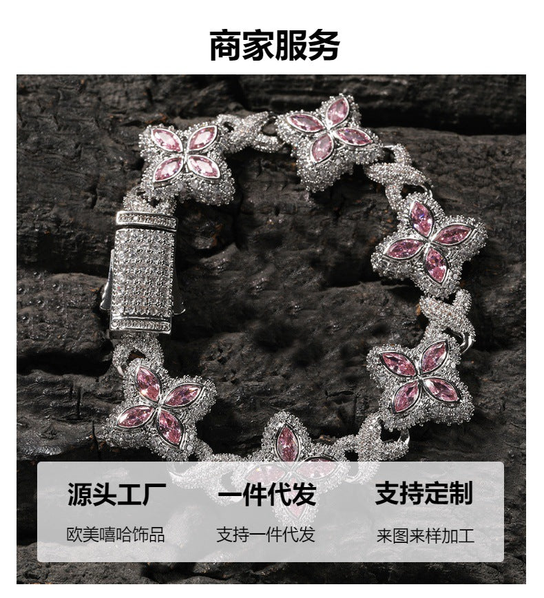 Hip-Hop Rap Chain Infinite Four-Leaf Clover Bracelet Fashionable Trendy Cool Handsome High-End 5A Zircon Colorful Necklace Jewelry