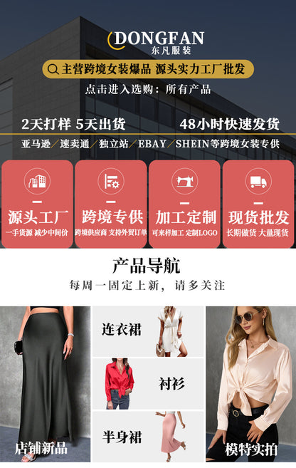 Amazon Cross-Border European and American New Women's Satin Shirt Spring and Summer Asymmetrical Long-Sleeved Slope Collar Shirt Top