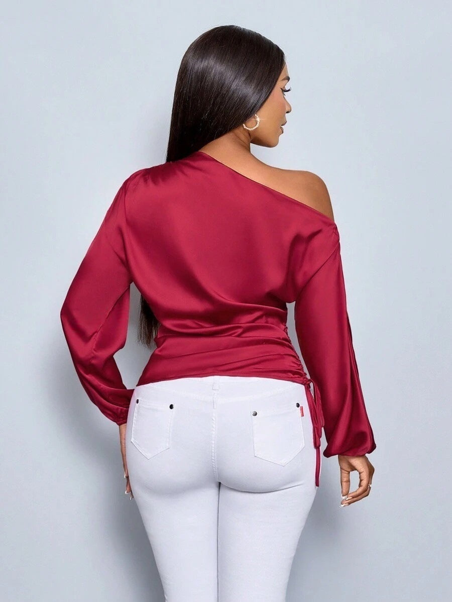 Amazon Cross-Border European and American New Women's Satin Shirt Spring and Summer Asymmetrical Long-Sleeved Slope Collar Shirt Top