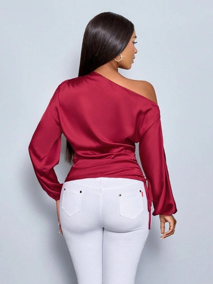 Amazon Cross-Border European and American New Women's Satin Shirt Spring and Summer Asymmetrical Long-Sleeved Slope Collar Shirt Top