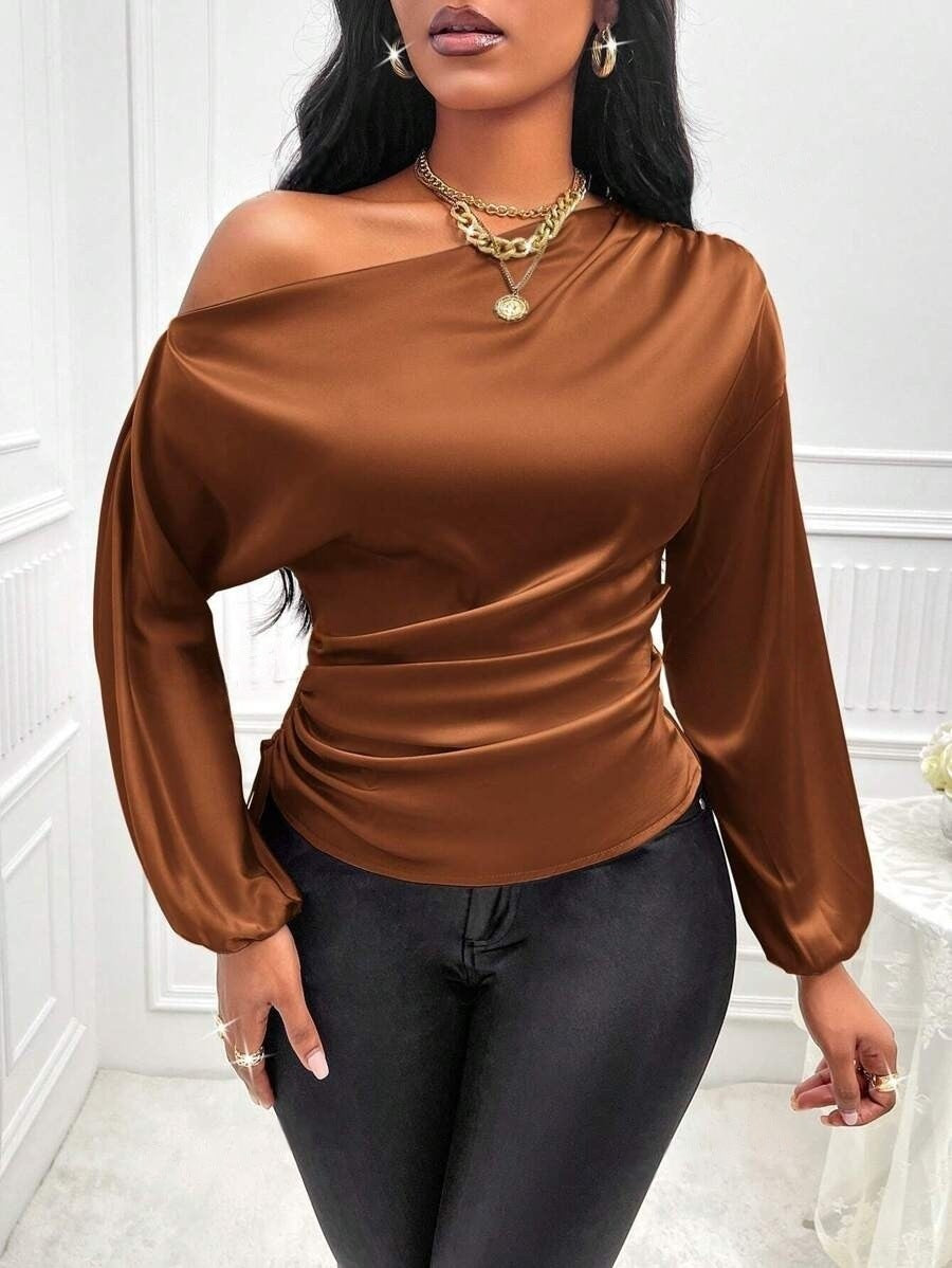 Amazon Cross-Border European and American New Women's Satin Shirt Spring and Summer Asymmetrical Long-Sleeved Slope Collar Shirt Top