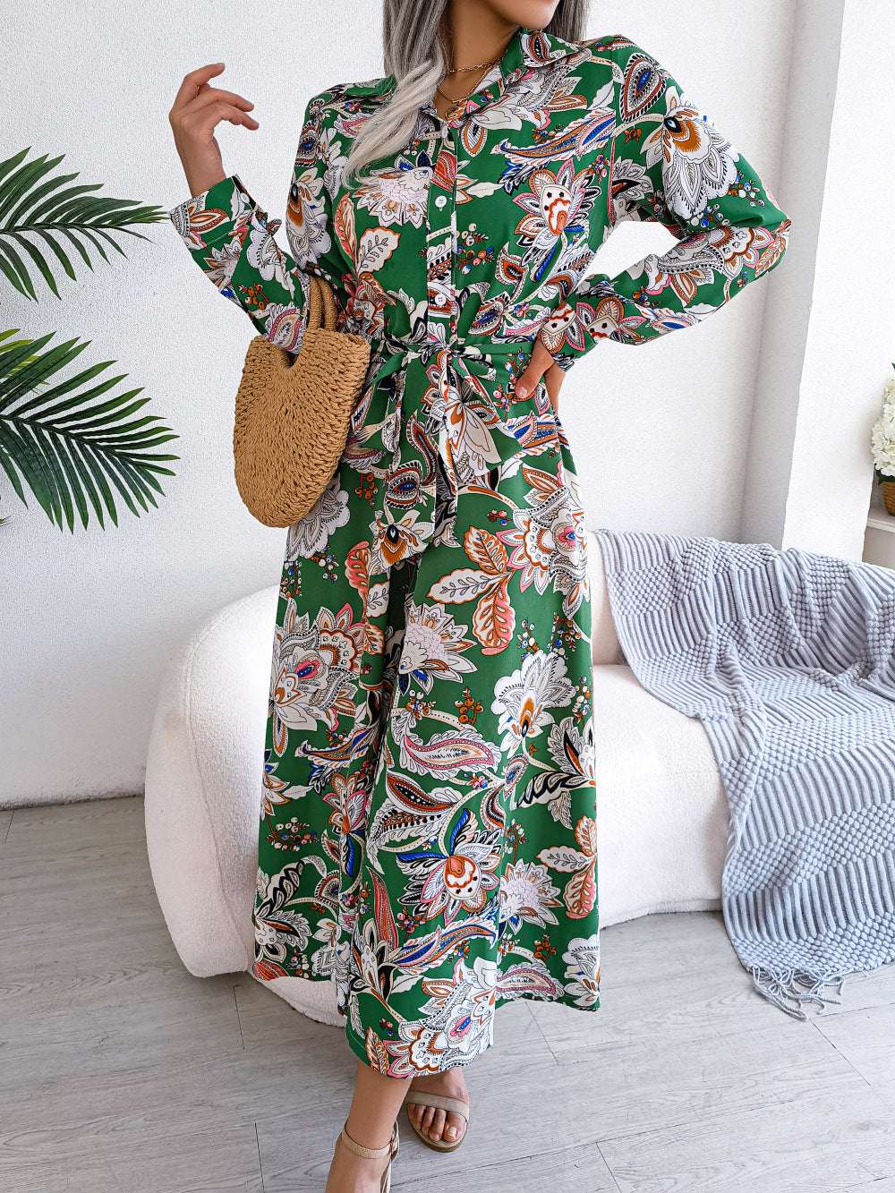 2026 Spring/Summer European and American Retro Floral Lapel Tie Shirt Dress Long Dress Amazon Cross-Border Women's Clothing