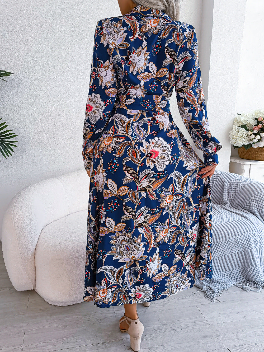 2026 Spring/Summer European and American Retro Floral Lapel Tie Shirt Dress Long Dress Amazon Cross-Border Women's Clothing